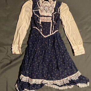 Vintage Gunne Sax Navy Blue Floral with Lace and Shear Long Sleeves Small